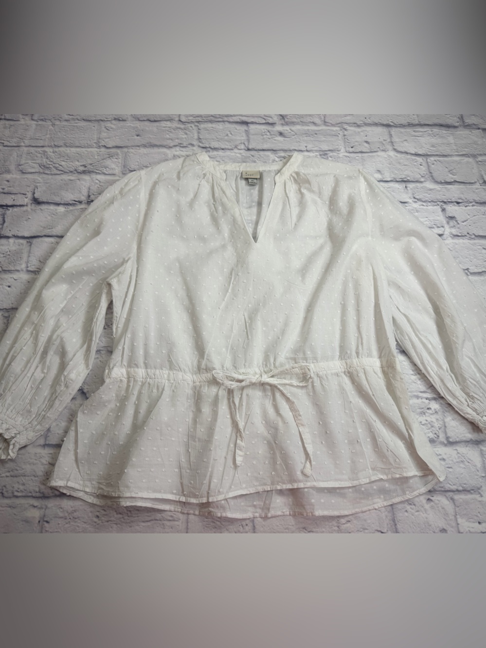 a new day White Swiss Dot Drawstring Peasant Blouse. Size XL.